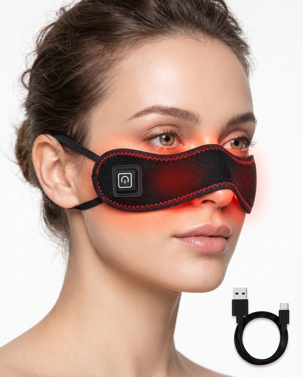 Woman wearing the Sinuglow wrap across her nose and cheeks, red glow on