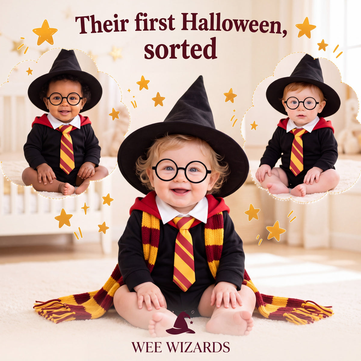 Three babies in the Wee Wizard costume set with hats and round glasses