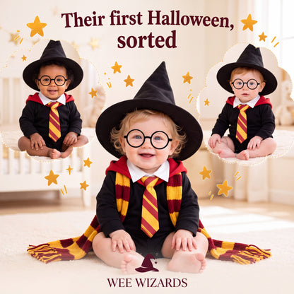 Three babies in the Wee Wizard costume set with hats and round glasses
