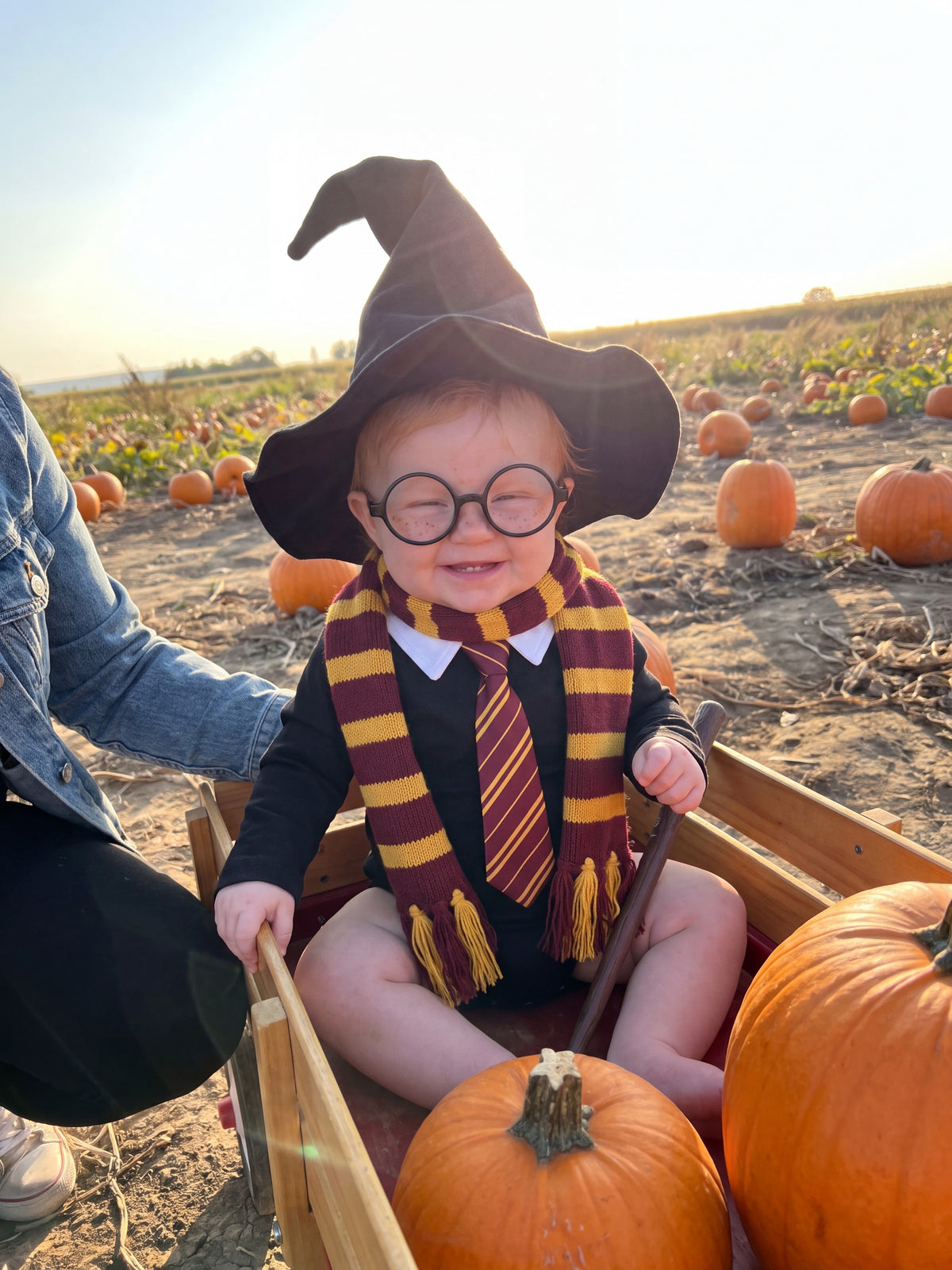 A baby wizard in a wagon at the pumpkin patch