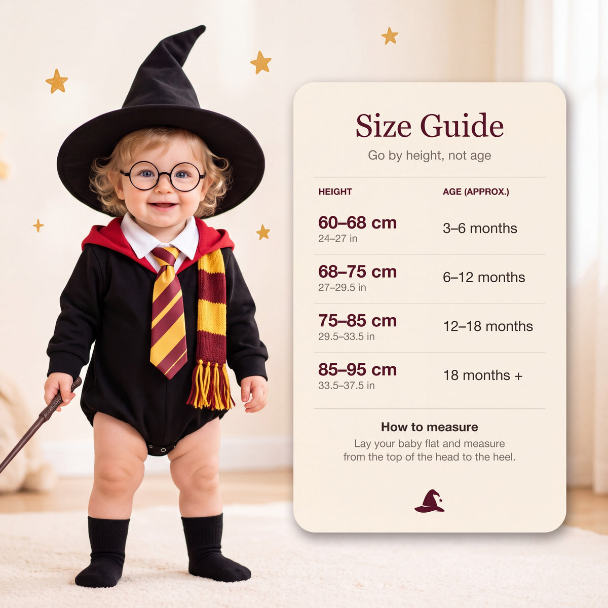 Wee Wizards size guide by baby height