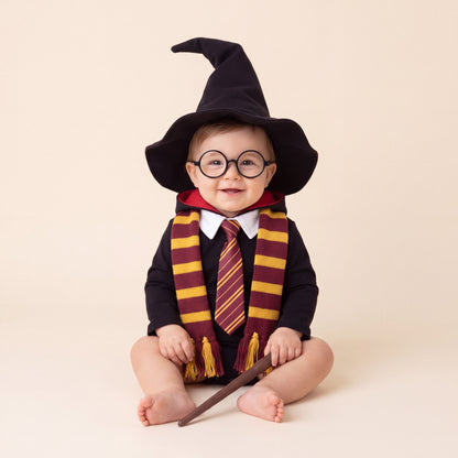 A baby wearing the full Wee Wizard costume set