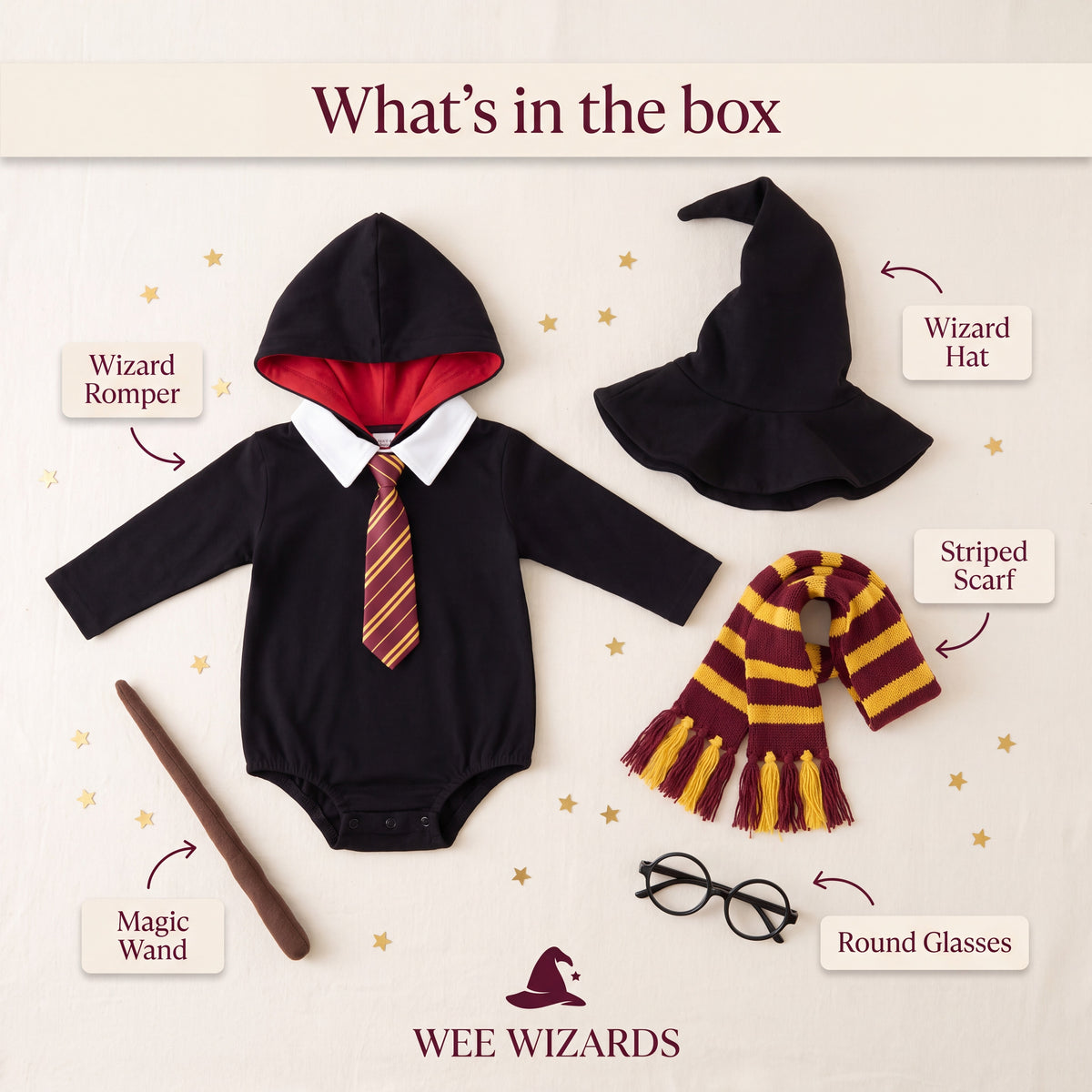 What's in the box: wizard romper, wizard hat, striped scarf, wand and round glasses
